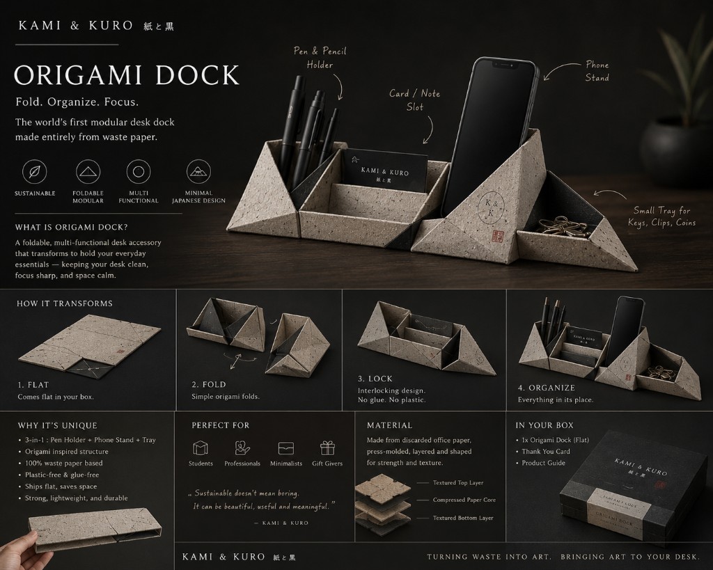 Origami Dock modular paper organizer with pens and phone