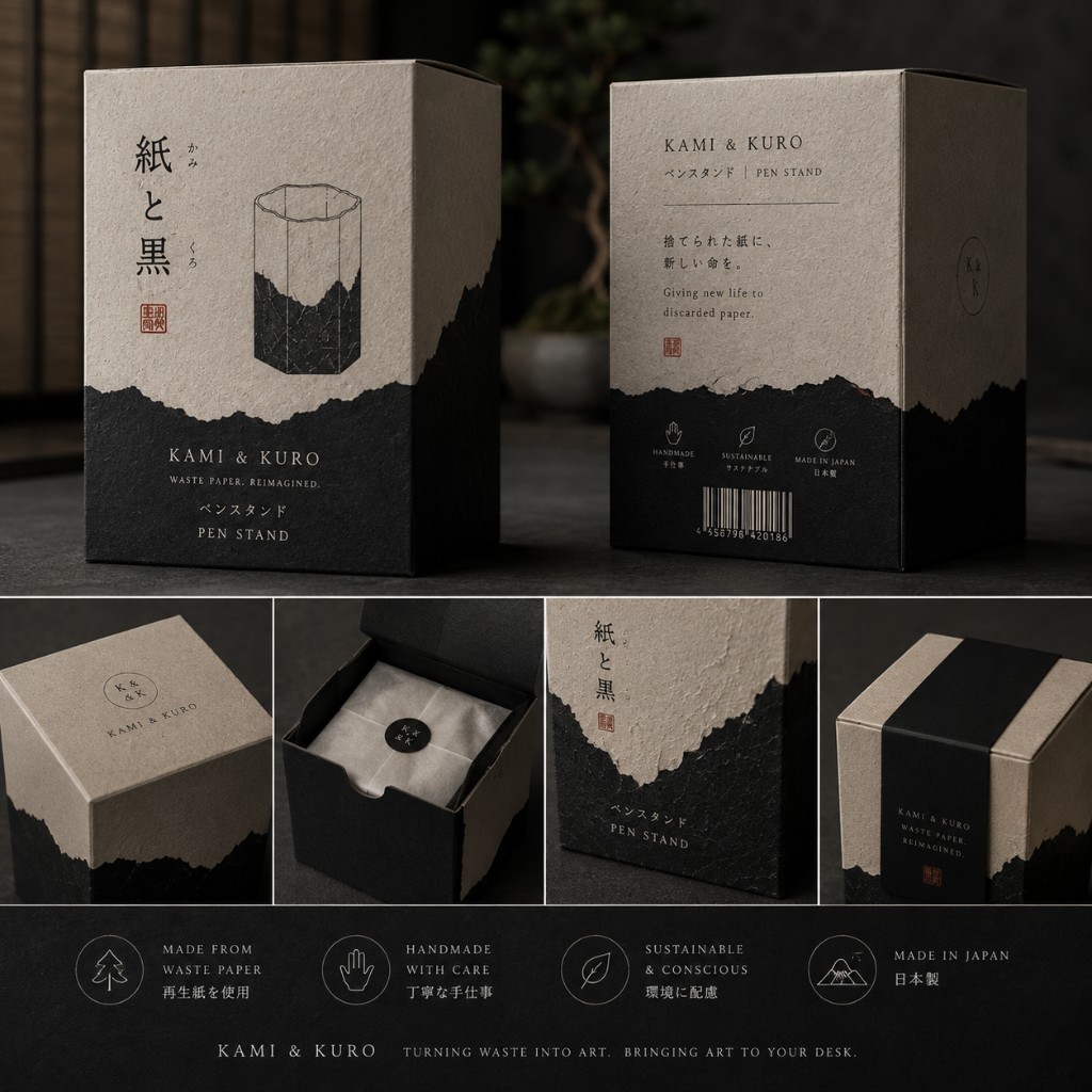 Kami & Kuro packaging with Japanese calligraphy and torn-paper branding