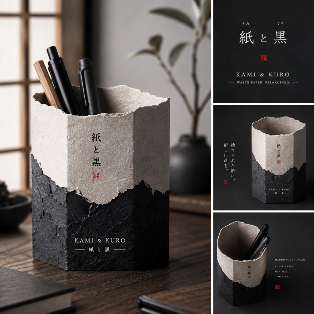 Kami & Kuro Rin pen stand on a dark wooden desk